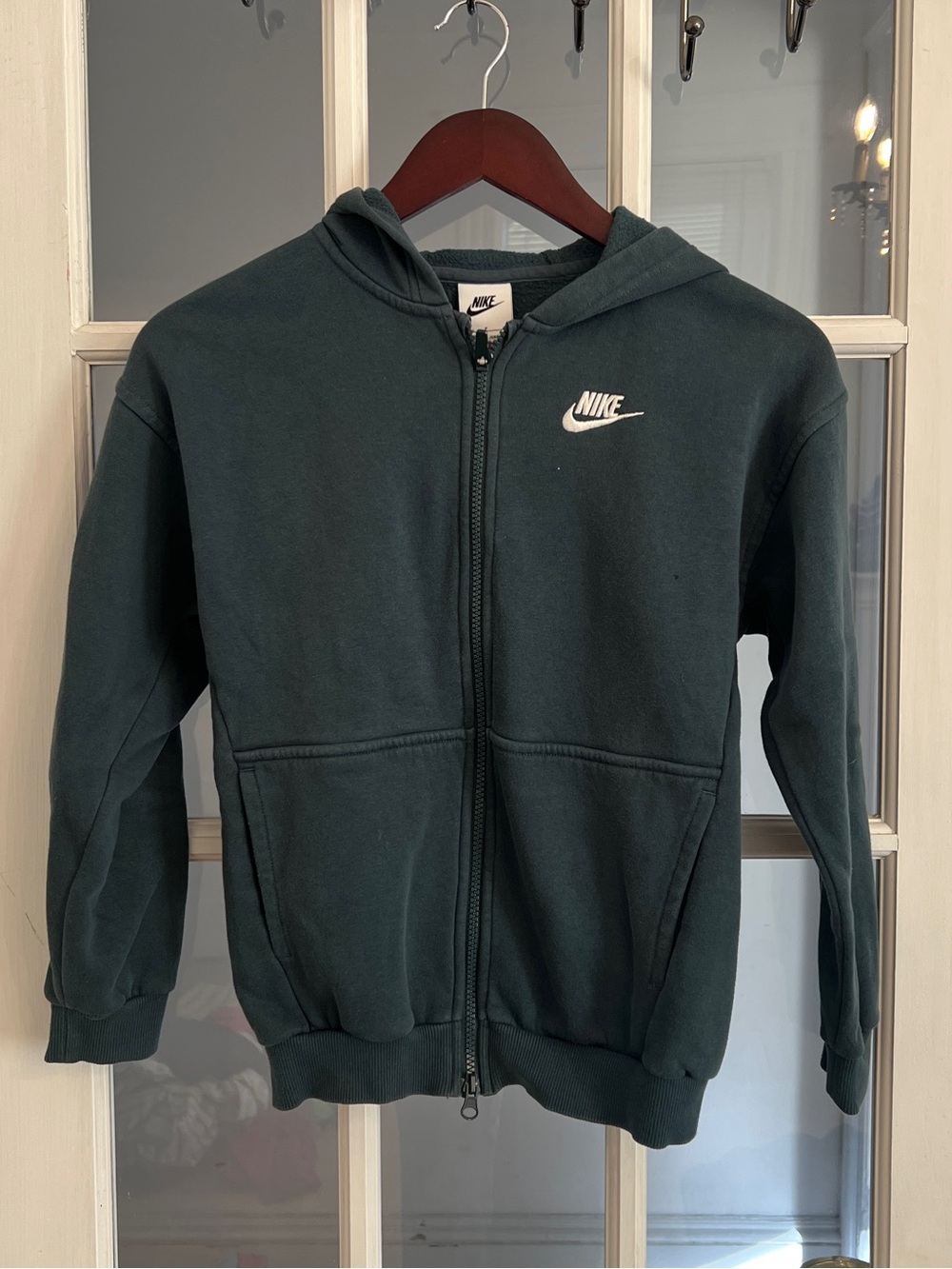 NIKE Women’s Dark Green Full Zip Fleece Hoodie Embroidered Swoosh Small